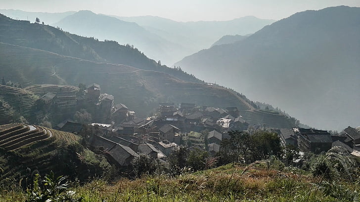 Guilin longji ridge, hus, solopgang