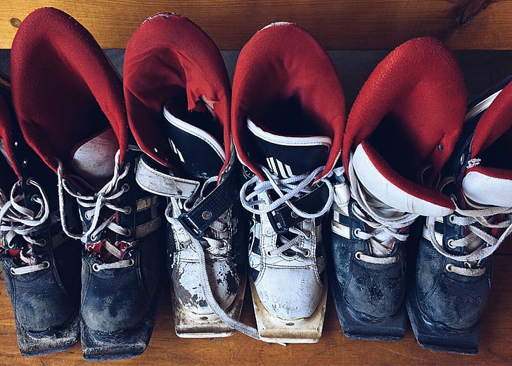 สกี, รองเท้าบูท, สวมใส่, อุปกรณ์, เก่า, หนัง, กีฬา