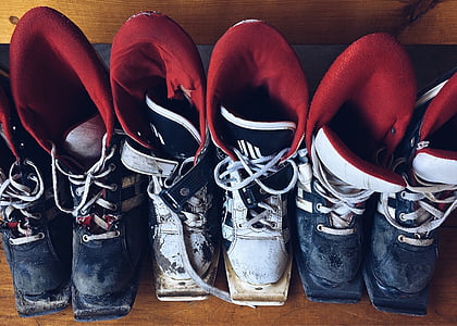 ski, boots, worn, equipment, old, leather, sport
