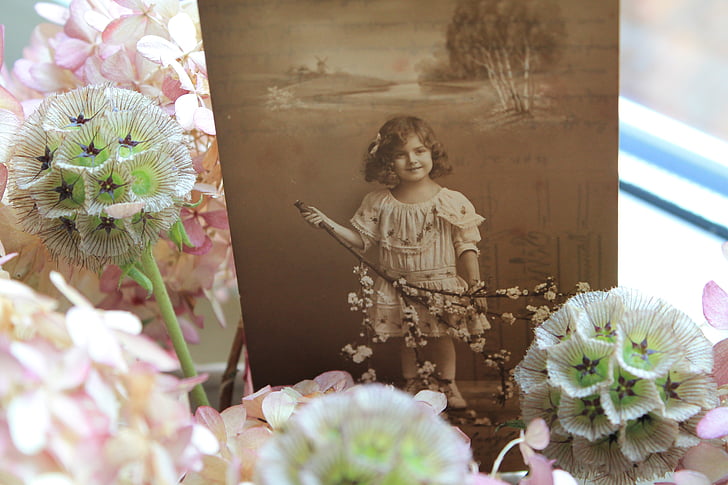 nostalgija, nostalgija, senas, antikvariniai, nuotrauka, vaikas, gėlės