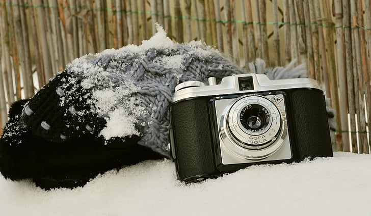 appareil photo, vieille caméra, Agfa isola, hiver, neige, photographie d’hiver, nostalgie