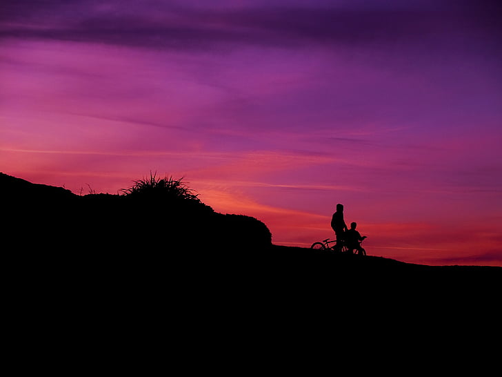 silueta, dva, osoba, jízda na koni, jízdní kolo, Západ slunce, kolo