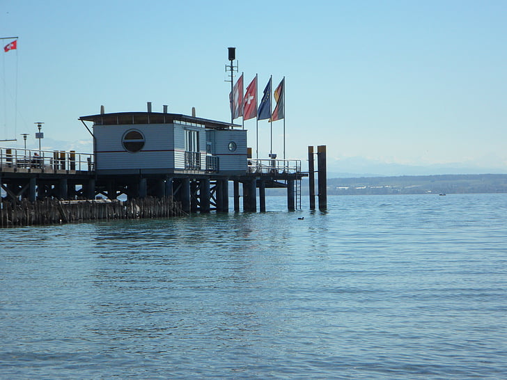 Web, Lago de Constanza, terminal de ferry, embarcadero, Puerto, Hagnau, banderas