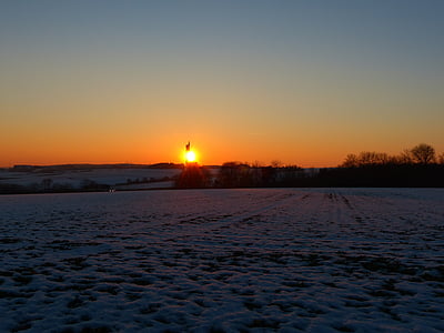 landscape, wintry, winter, field, arable, sunset, abendstimmung