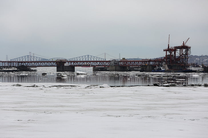 ipari, jég, téli, fagyasztott, folyó, híd, városi