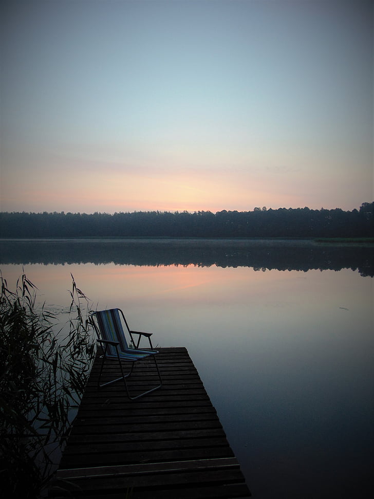 dawn, sunrise, bridge, high chair, lake, the silence, landscape