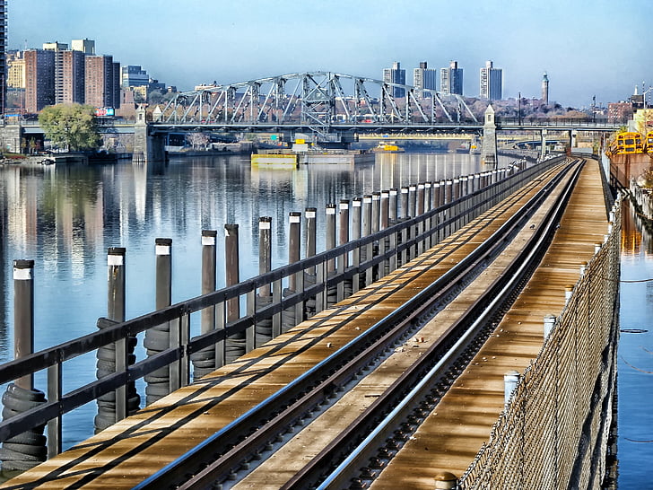 new york city, bronx, järnväg, Bridge, floden, spår, byggnader