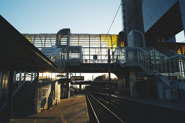 Station, solnedgång, spårvagn, arkitektur, transport