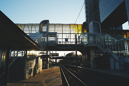 station, zonsondergang, tram, het platform, vervoer