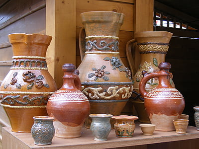 ceramic, clay, craftsmen, folk, gorj, jugs, painted
