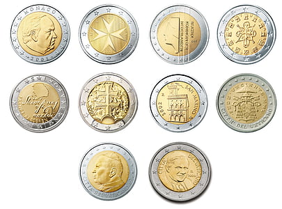 евро, 2, монети, валута, Европа, пари, богатство