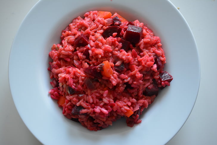 risotto, beetroot, eat, cook, food, plate, bio