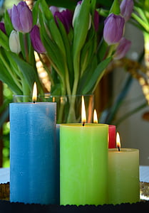 svíčky, Festival, jaro, tulipány, narozeniny, světlo, Oslava