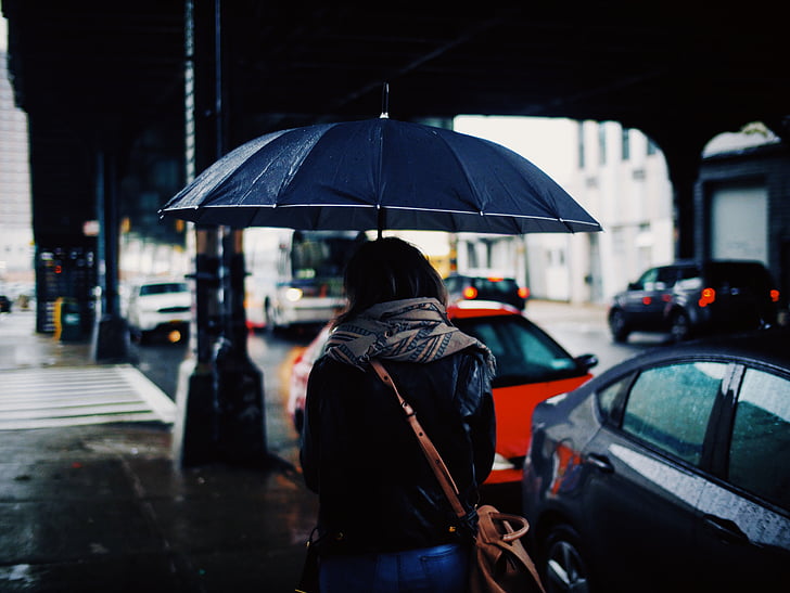 personer, kvinna, regn, paraply, bil, fordon, transport