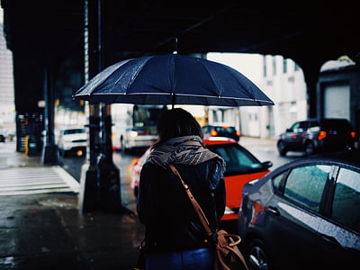 people, woman, rain, umbrella, car, vehicle, transportation