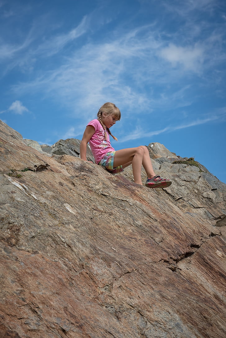 child, girl, blond, climb, rock, sky, mountain peak