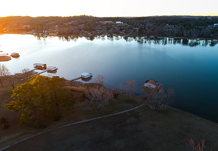 antenn, fotografering, lugn, vatten, sjön, solnedgång, Boathouse