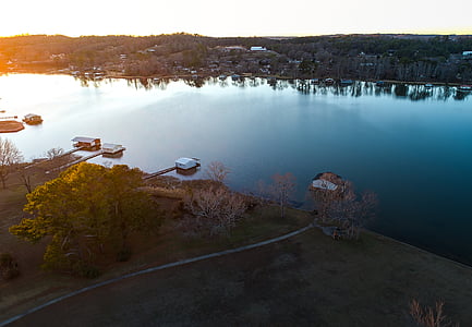 въздушна, фотография, спокойствие, вода, езеро, залез, Boathouse