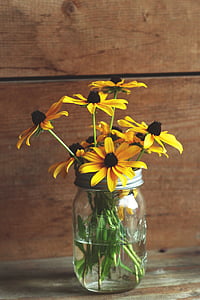 flowers, glass, jar, daisies, yellow, decoration, bouquet
