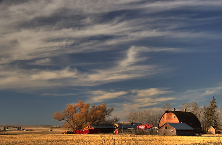 ferme, Prairie, nuages, Grange, rural, Agriculture, Sky