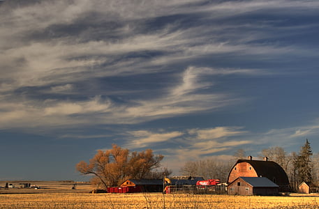 farm, prairie, clouds, barn, rural, agriculture, sky