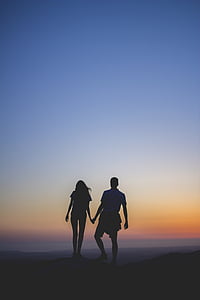 man, woman, holding, hands, mountain, sunset, couple