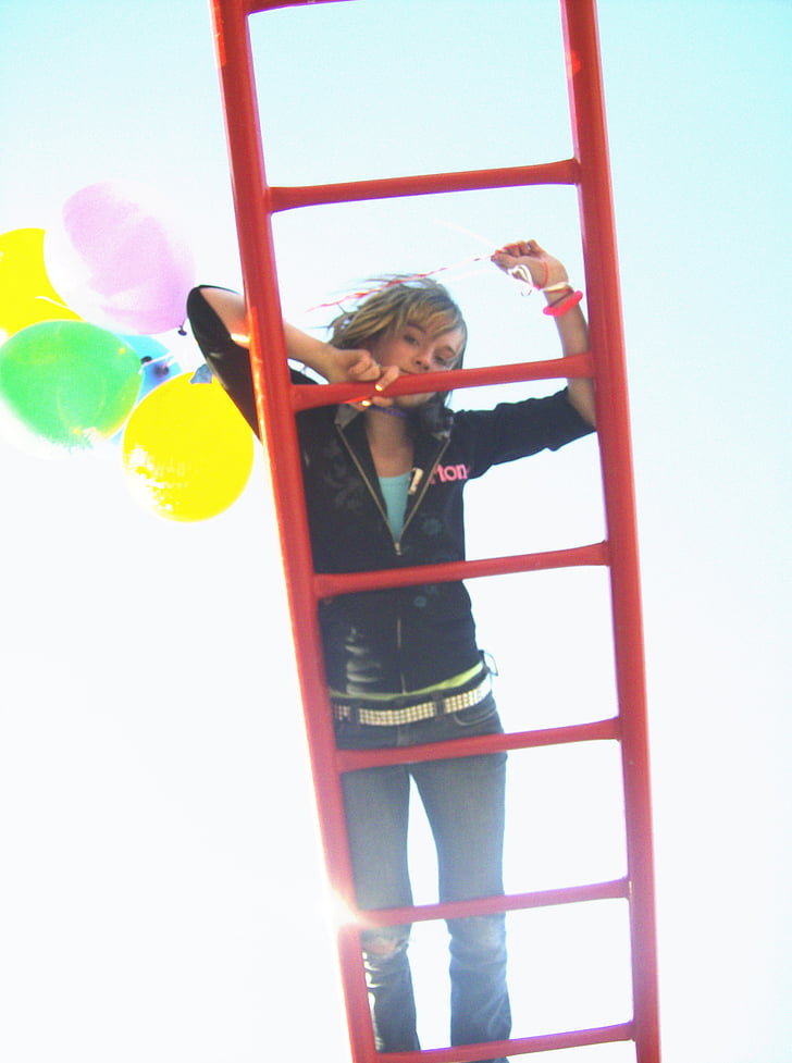 girl on ladder, balloons, ladder, climbing, girl, red, colorful