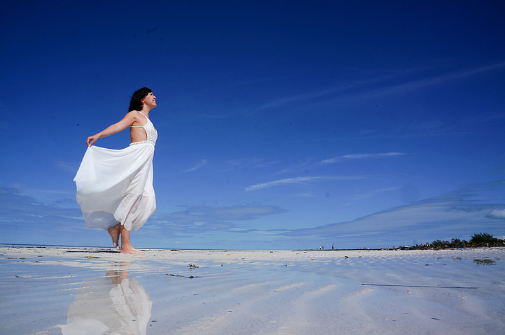 beach, girl, caribbean sea, white, wedding, sky, blue