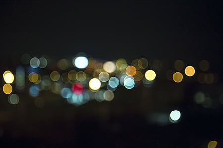 tumša, naktī, pilsētas, pilsēta, kadriem, gaismas, defocused