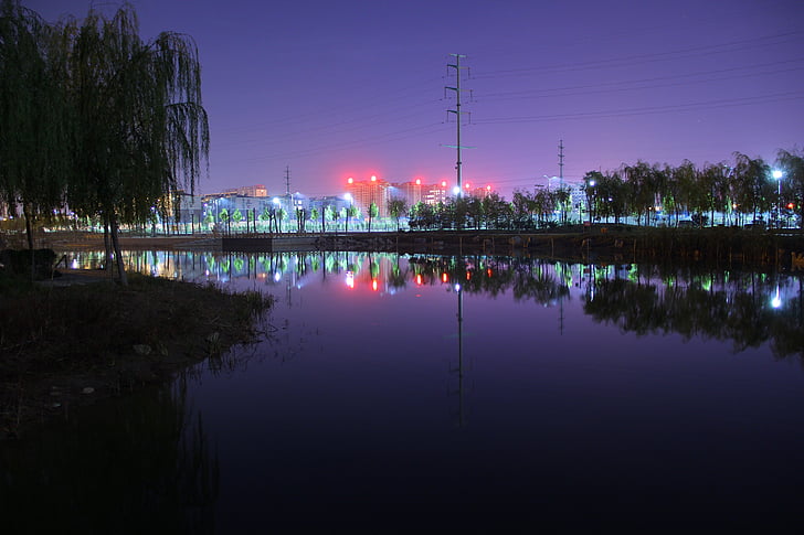 vaizdas naktį, violetinė, Yanggu apskritis, Goldwater ežero parkas