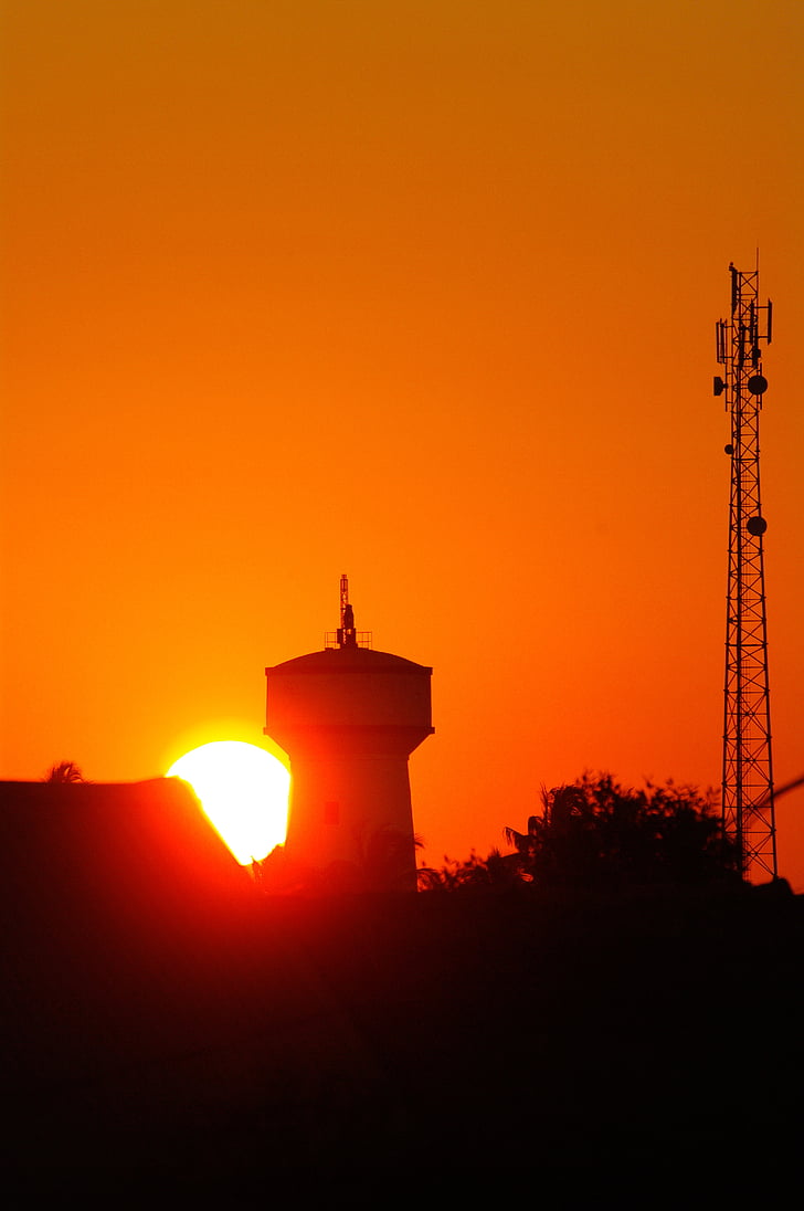 Torre d'aigua, Torre de ràdio, posta de sol, silueta, taronja, sol, Madagascar