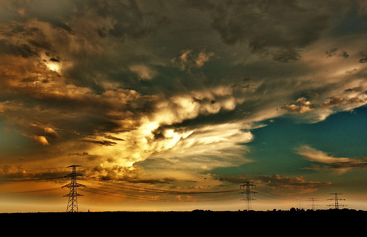 güç hatları, bulutlar, elektrik direkleri, gökyüzü, akşam, günbatımı, doğa