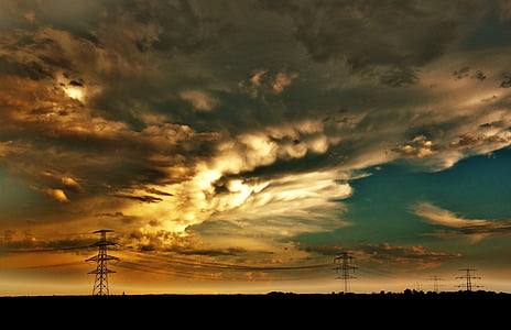 power lines, clouds, power poles, sky, evening, sunset, nature