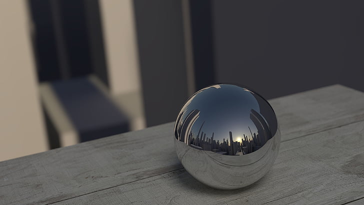 spherical, stainless, steel, marble, showing, city, sunset