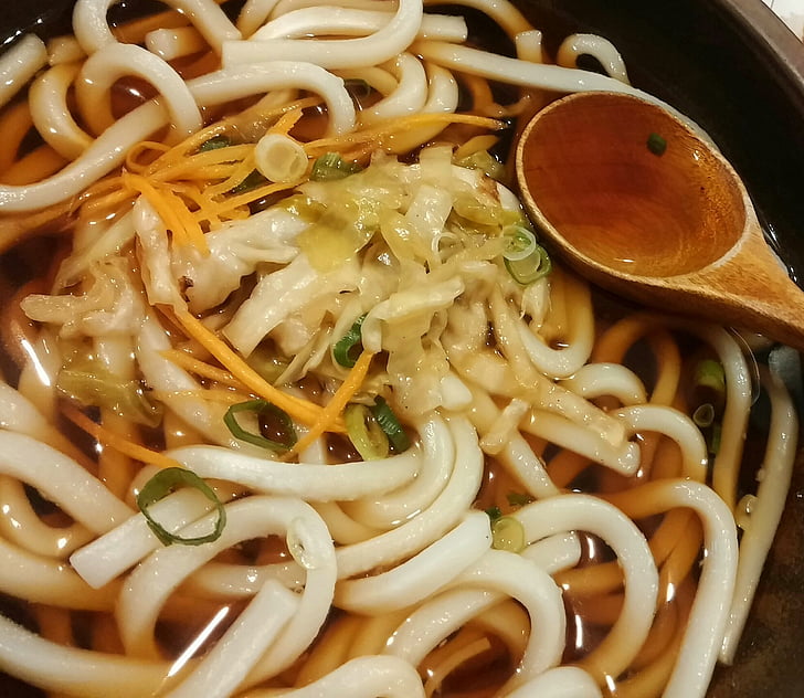 leves, metélt, Udon, japán, szakács, tál, kanál