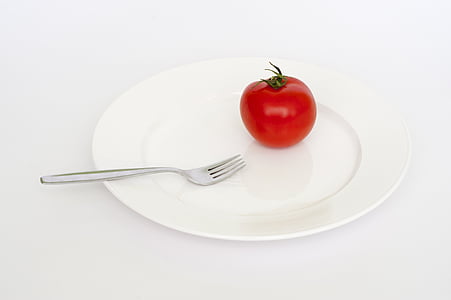 plaat, tomaat, rood, vork, dieet, vet, gezondheid