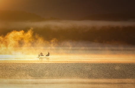 pescador, nebulosos lagos, manhã de nevoeiro, Lago, pôr do sol, mar, scenics