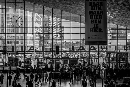 rotterdam, central station, outside view, lines, people