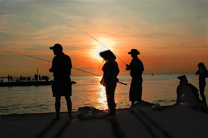 pêche, tombée de la nuit, aube, voyage, coucher de soleil, lever du soleil, mer