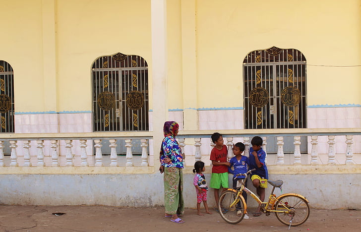 mosque, cambodia, family, bicycle, poor, sanctuary, asia