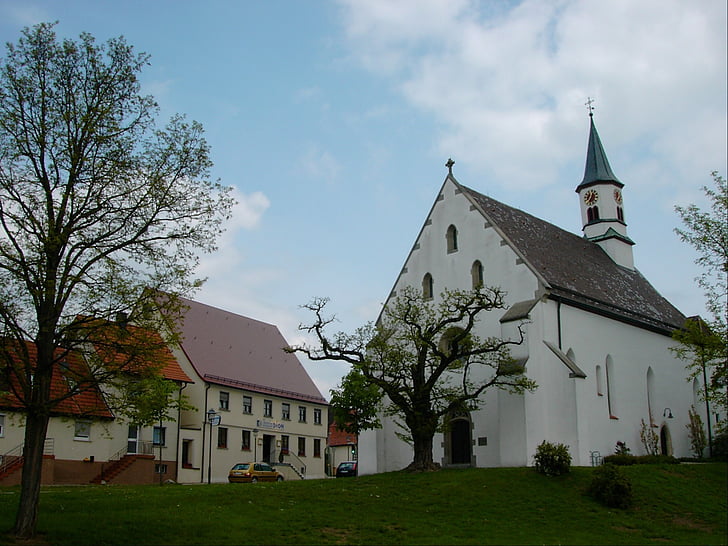 kirik, Leonhard kirik, Langenau, hoone, arhitektuur, Steeple, taevas