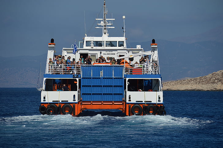 Ferry, Kreeka, chalki, paat, Sea, Sunshine, inimesed
