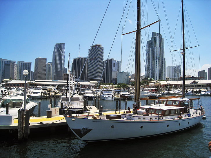 miami, florida, sailing vessel, skyline, building, sky, marina
