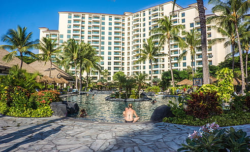 Hawaii, Oahu, Ko olina, complex, piscina, palmeres, tropical