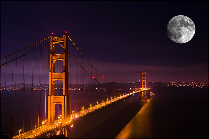 Golden gate bridge, noc, Most, Brama, Złoty, Kalifornia, Architektura