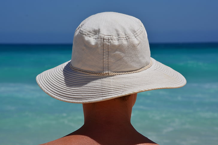 vacances, paradis, mer, bleu azur, blanc, chapeau, détente