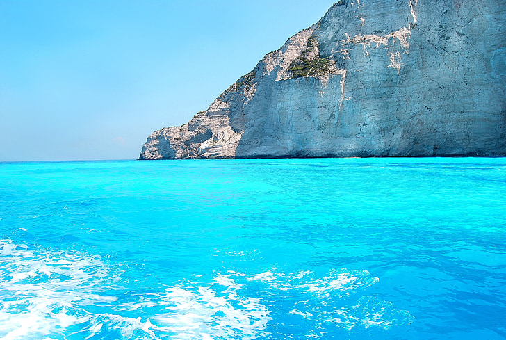 Mar Jônico, cor azul, Mar Mediterrâneo, Enseada de naufrágio, onda, rocha, Verão