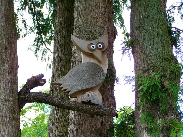 owl, wooden artwork, ornament, bird, nature, tree, animal