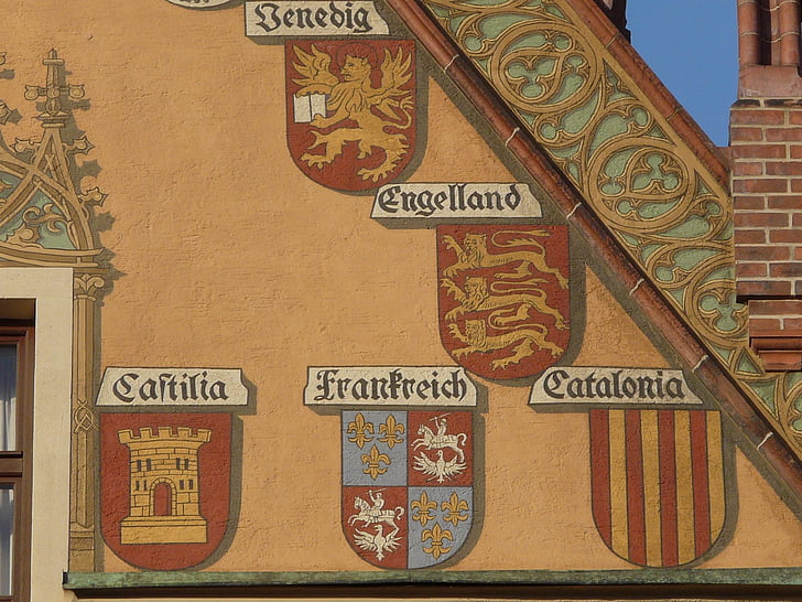 facade, building, coat of arms, lion, tower, town hall, ulm