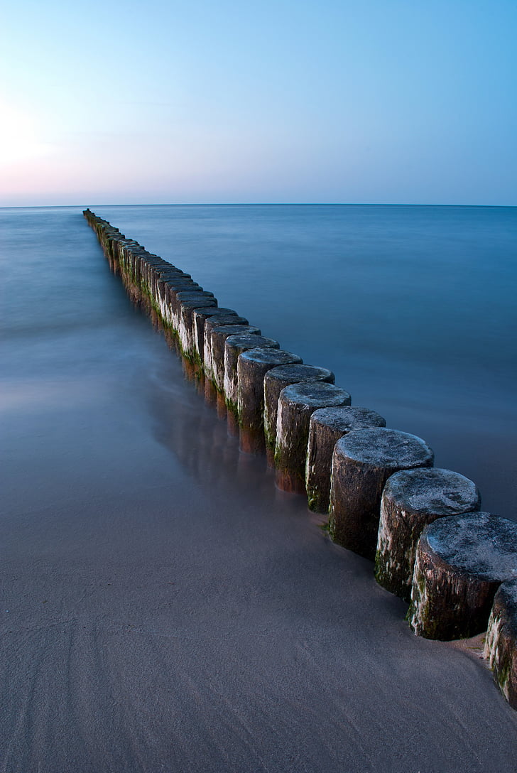 groynes, στη θάλασσα, Βαλτική θάλασσα, τοπίο παραλία, απογευματινό ήλιο, Βόρεια Γερμανία, ηλιοβασίλεμα